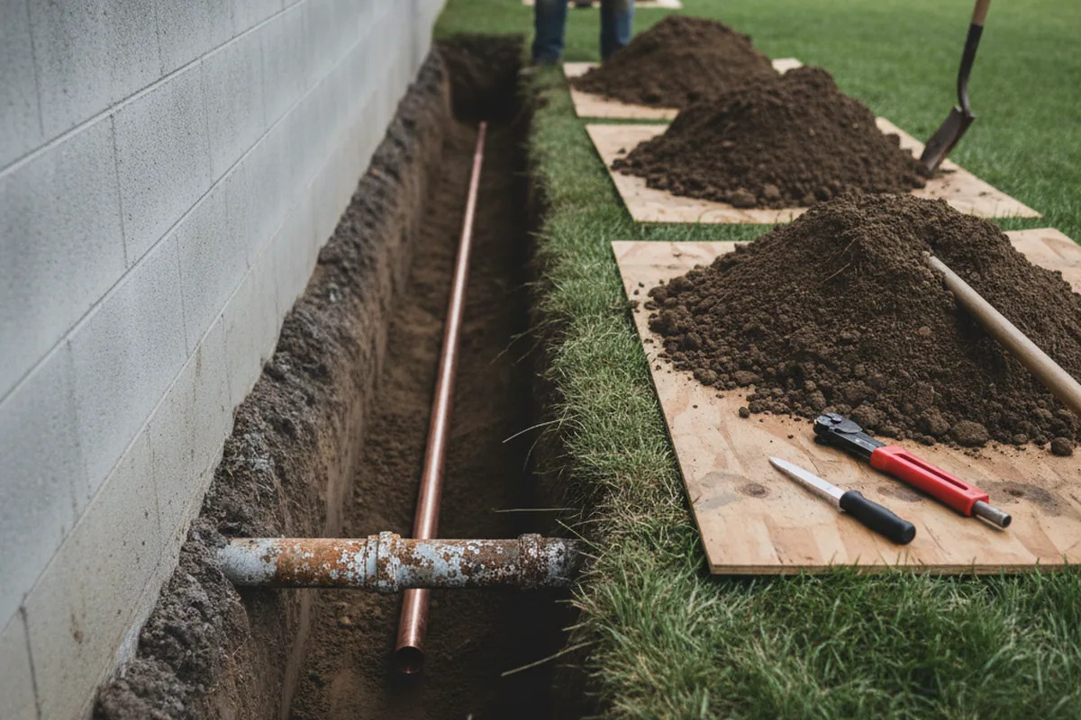Excavated water line trench during Sewer Line Repair in Jacumba